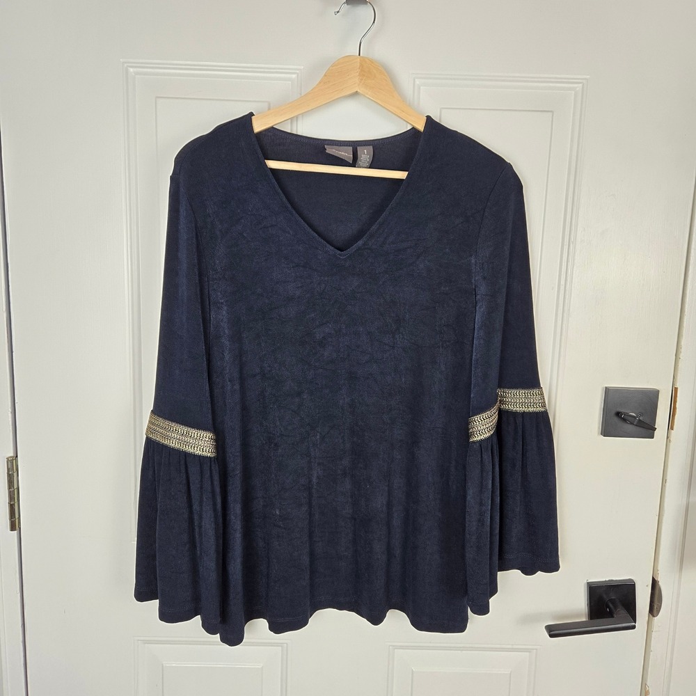Chico's Travelers Top Blouse Size 1 US 8 Slinky Navy Blue Bell Sleeve V-Neck